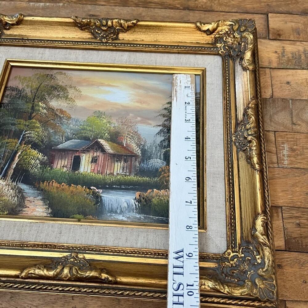 Vintage-style Oil Painting Cabin by a river Gold Ornate Wood Frame - Picture 10 of 11
